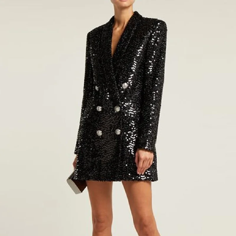 Wjczt High Quality Fashion 2022 Designer Blazer Women Double Lion Buttons Shawl Collar Glitter Sequined Long Runway Black Blazers Women's Patchwork Suit Wjczt High Quality Fashion 2022 Designer Blazer Women Double Lion Buttons Shawl Collar Glitter Sequined Long Runway Black Blazers Women's Patchwork Suit