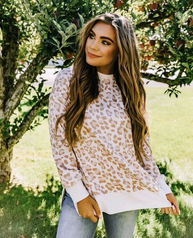 Mila Long-Sleeve Leopard Print Knit Top Sophisticated Knit Shirt