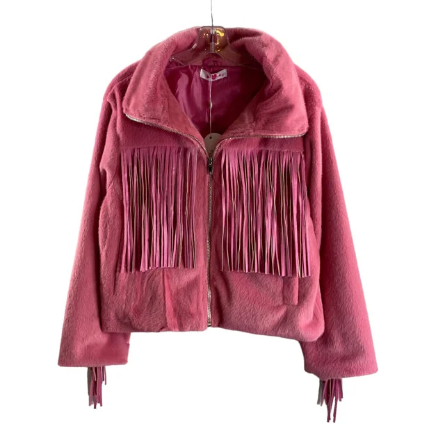 BUDDY LOVE Size MEDIUM Pink Fringed Faux Fur NWT JACKET Toggled Jacket Drawstring Jacket Belted Jacket