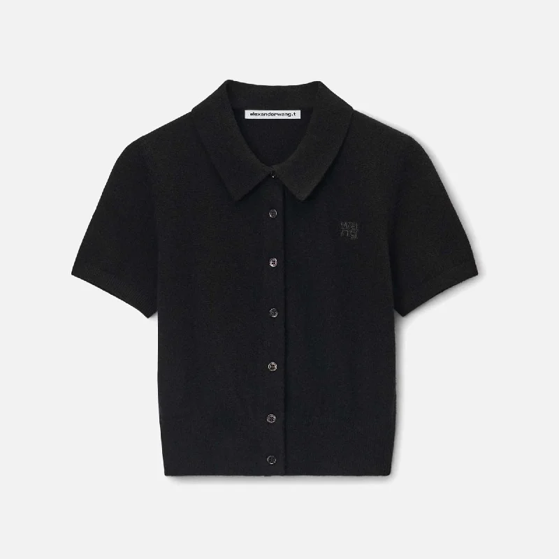 T by Alexander Wang Short Sleeve Polo Cardigan - Black Thin Thick Dense