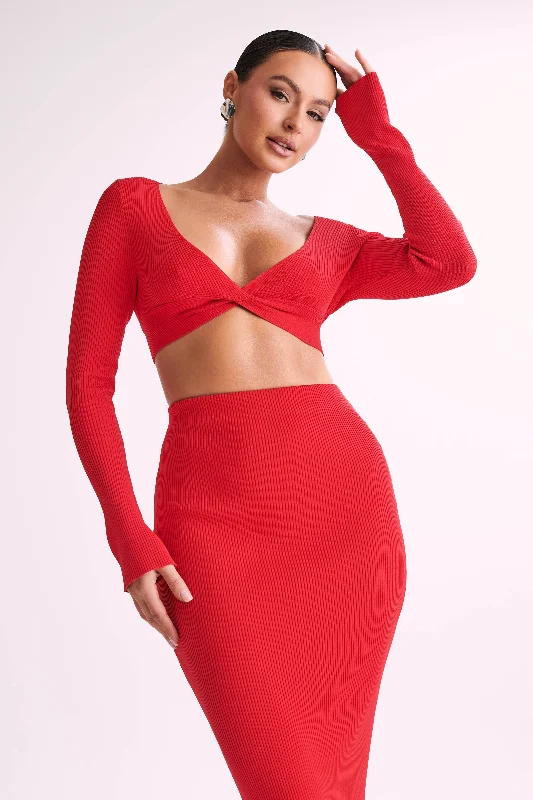 Kaesha Long Sleeve Twist Front Knit Top - Red Geometric Knit Tee