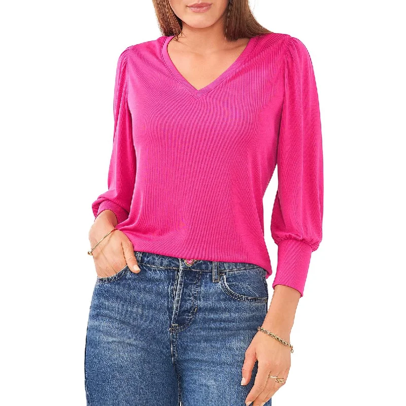 Womens Ribbed V-Neck Pullover Top Open Neck Pullover