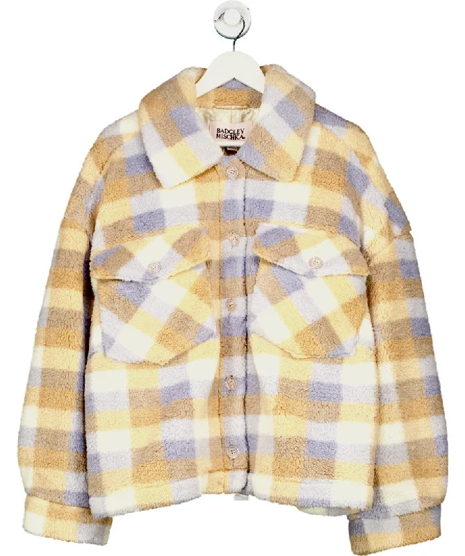 Badgley Mischka Beige Check Super Soft Sherpa Teddy Fleece Jacket UK XL One-Shoulder Jacket Off-the-Shoulder Jacket Asymmetrical Jacket