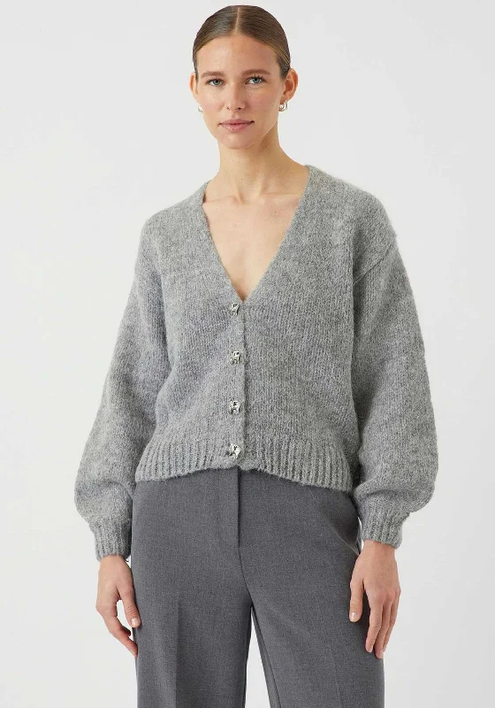 Y.A.S Vigga Alpaca Wool V Neck Cardigan, Grey Welt Pockets Slit Pockets Flap Pockets