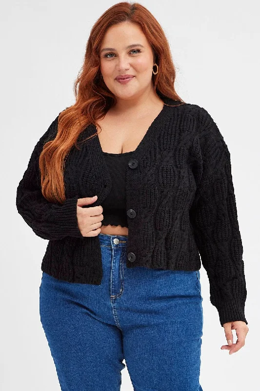 Black Oversized Cable Knit Cardigan Velvet Chenille Corduroy