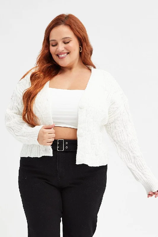 White Oversized Cable Knit Cardigan Herringbone Houndstooth Plaid