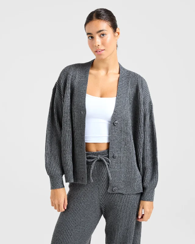 Lounge Oversized Knit Cardigan - Charcoal Real Fur Shearling Chenille