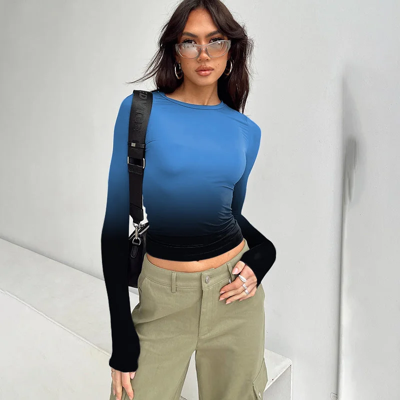 Wjczt concert outfit ideas Fashionable Gradient Printed round Neck Pullover Women's Spring and Autumn Bottoming New Bateau Neck Pullover