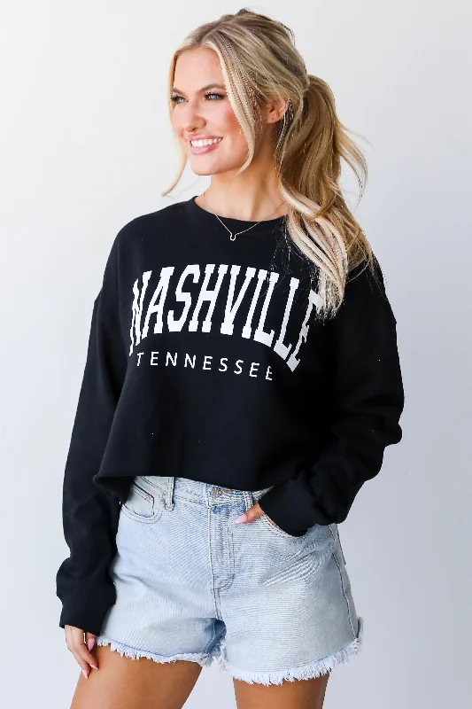 Black Nashville Tennessee Cropped Sweatshirt Hoodie with Ribbed Hem Stretchable Secure Black Nashville Tennessee Cropped Sweatshirt Hoodie with Ribbed Hem Stretchable Secure