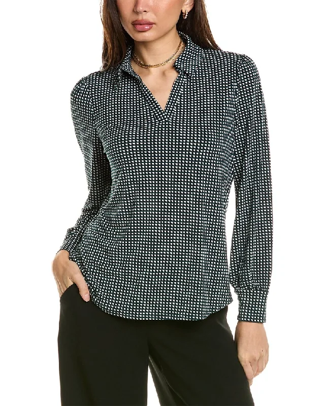 Adrianna Papell Collared V-Neck Knit Top Navy Blue Knit Tee