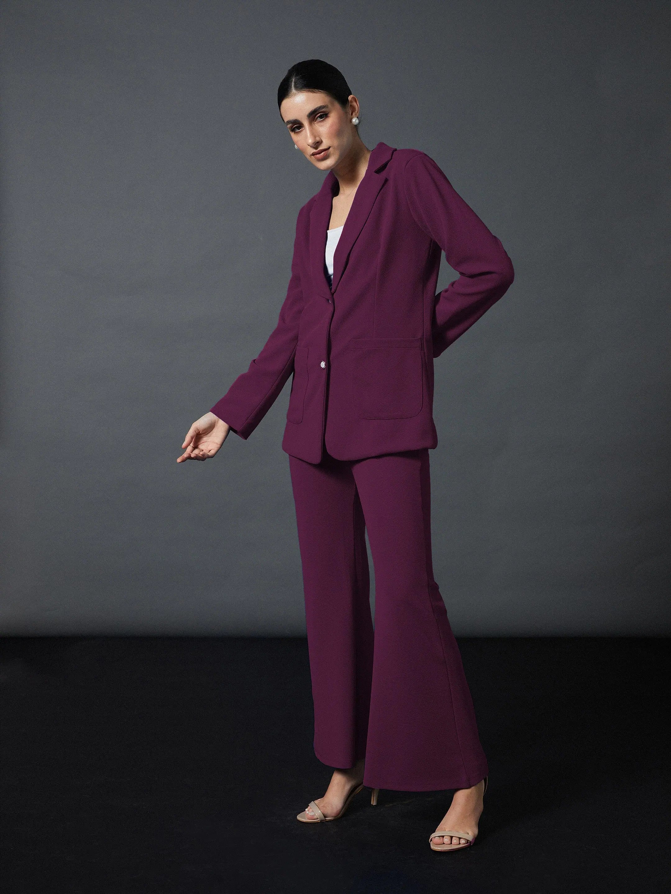 Women Mauve Slim Fit Blazer With Bellbottom Pants Women's Elegant Jacket