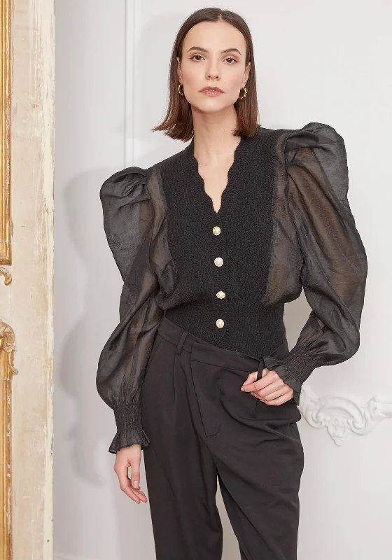 Jovonna Fen Sheer Volume Sleeve Cardigan, Black Satin Fabric Silk Fabric Chiffon Fabric