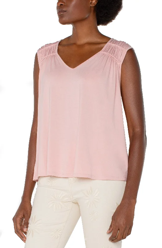 SLEEVELESS SHIRRED DETAIL KNIT TOP Textured Knit Blouse