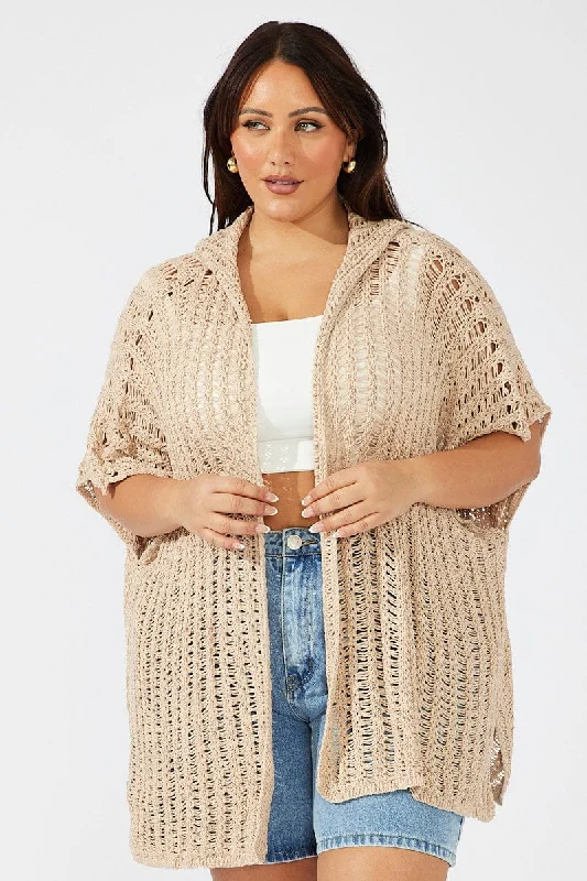 Beige Hooded Crochet Cardigan Short Sleeve Ribbed Striped Patterned