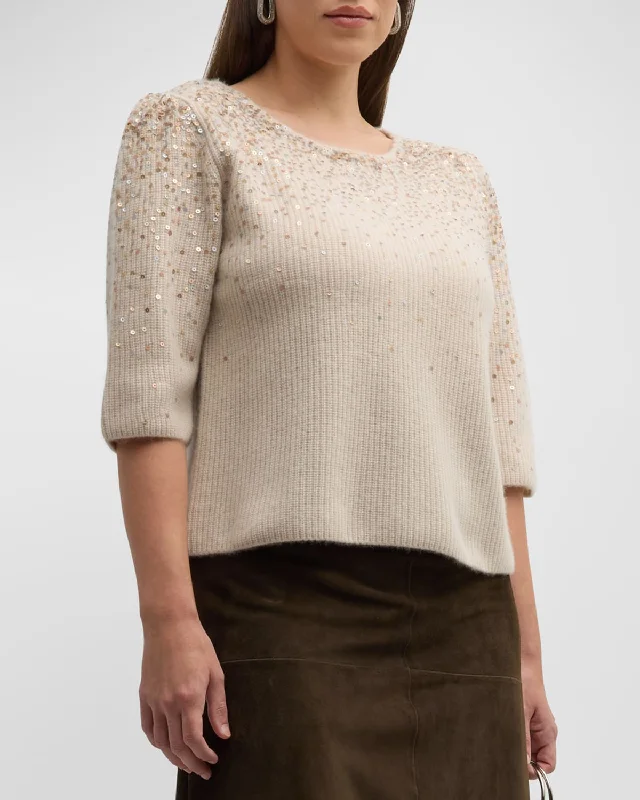 Plus Size Cashmere Pullover with Ombre Sequin Details Cable Knit Chunky