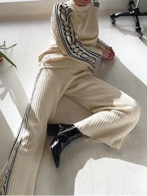 Round Neck Pullover Knit Suit Slit Sleeve Stylish