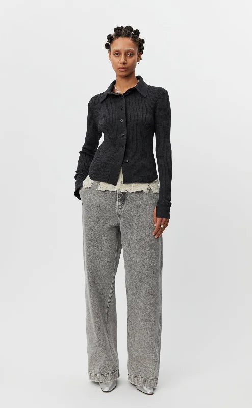 Knitted Collar Cardigan - Dark Grey Striped Floral Plaid