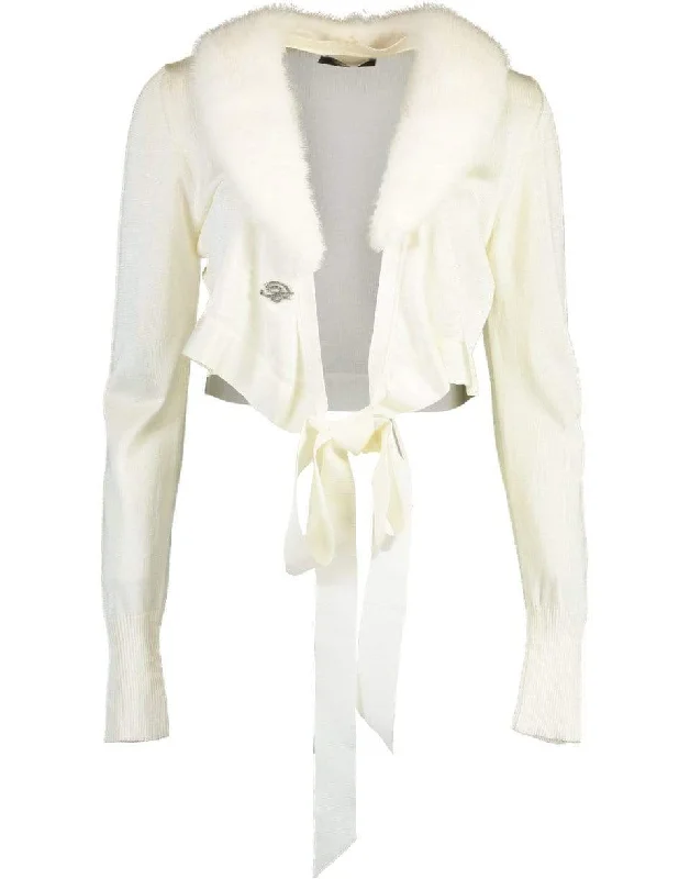 White Fur Collar Cropped Cardigan Herringbone Houndstooth Plaid