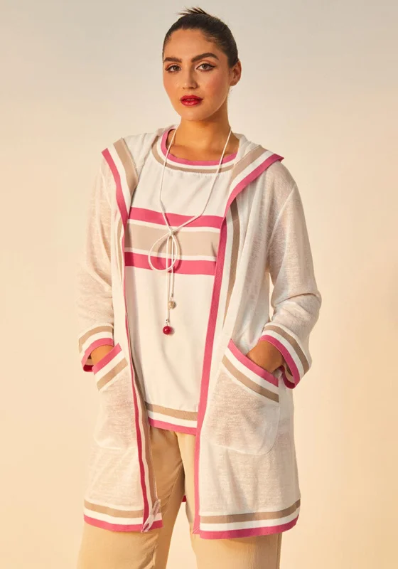 Ora Cardigan & Vest Top Two Piece, White & Pink Cable Knit Ribbed Knit Lace Knit