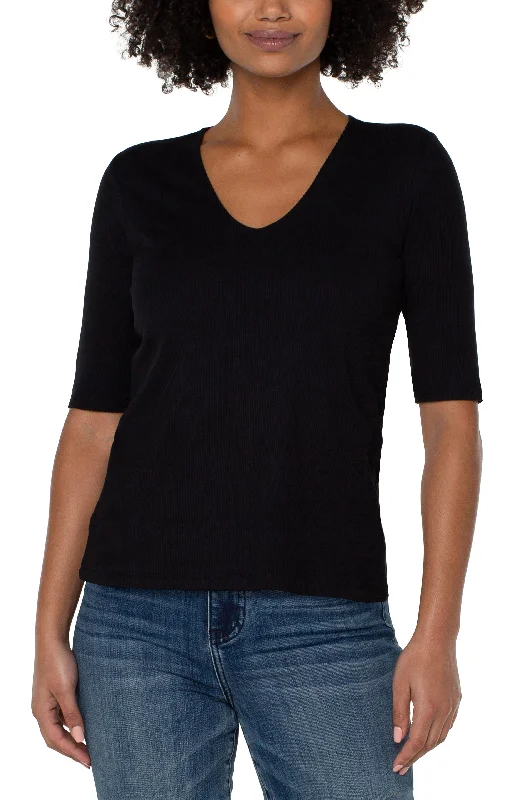 DOUBLE LAYER V-NECK RIB KNIT TOP Trendy Knit Top