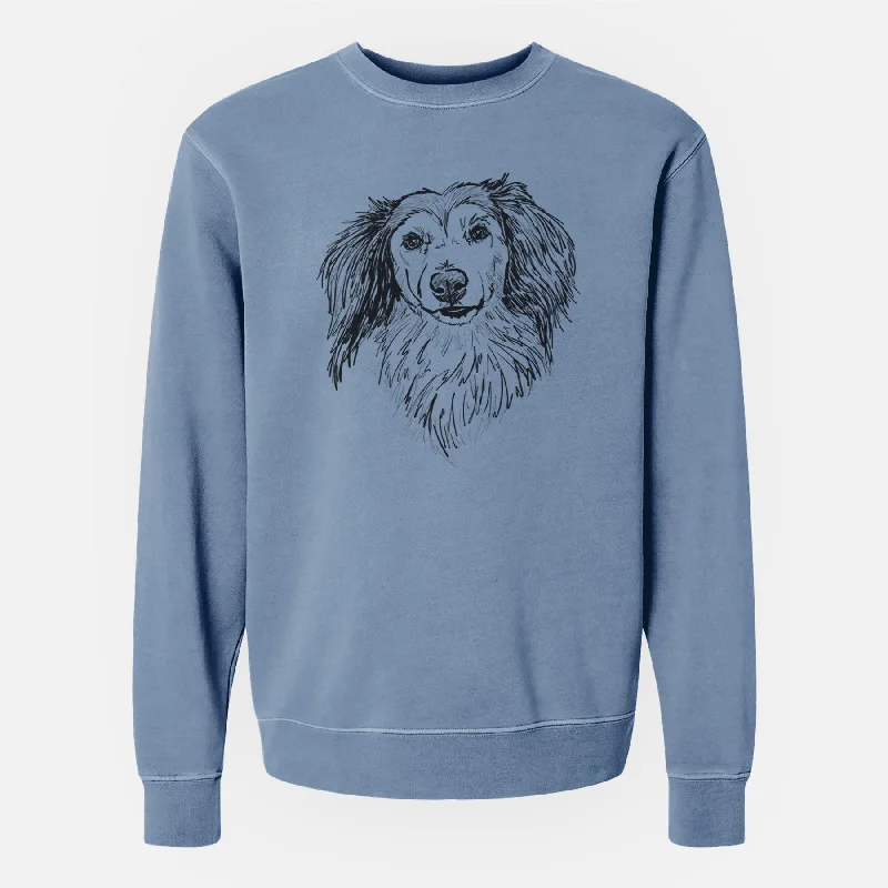 Doodled Bentley the Long Haired Dachshund - Unisex Pigment Dyed Crew Sweatshirt Hoodie Sweatshirt Pullover