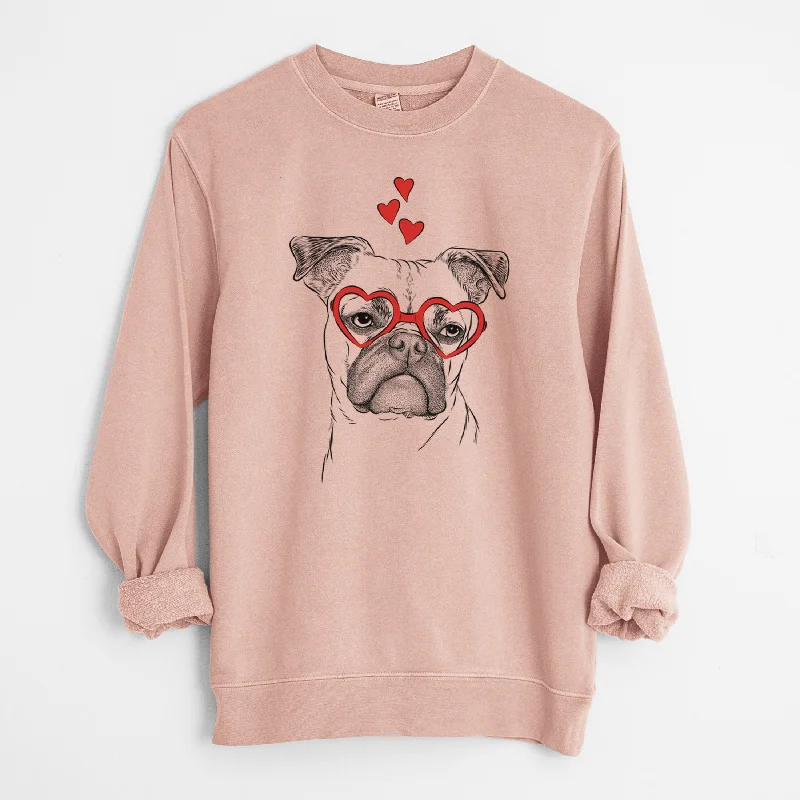 Valentine Mack the Bugg (Boston Terrier/Pug) - Unisex Pigment Dyed Crew Sweatshirt Hoodie with Hem Contrast Bold Stylish