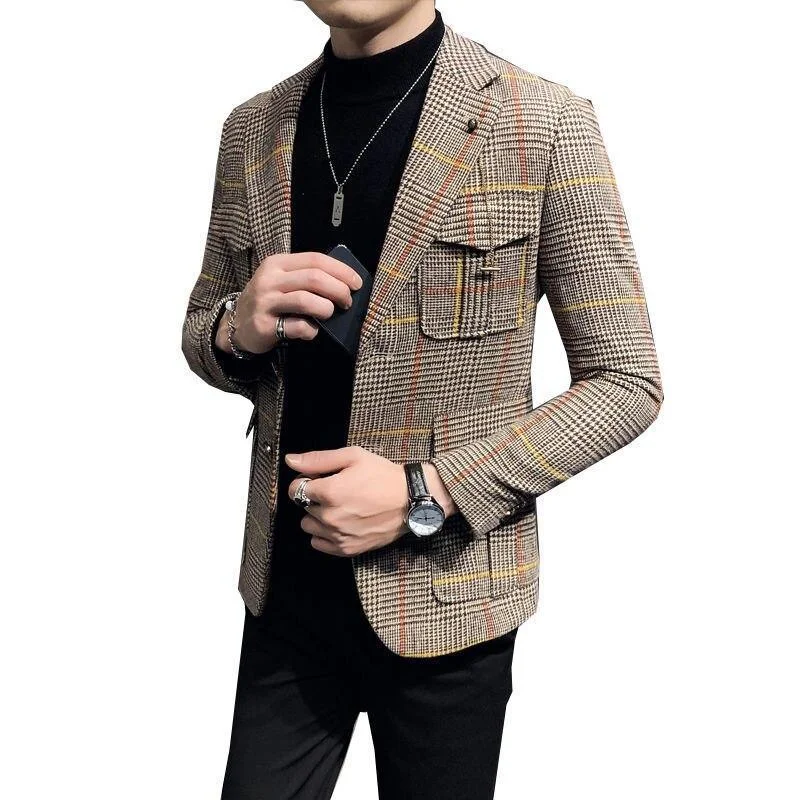 Men Blazer - Plaid Houndstooth Blazer Women's Radiation Jacket