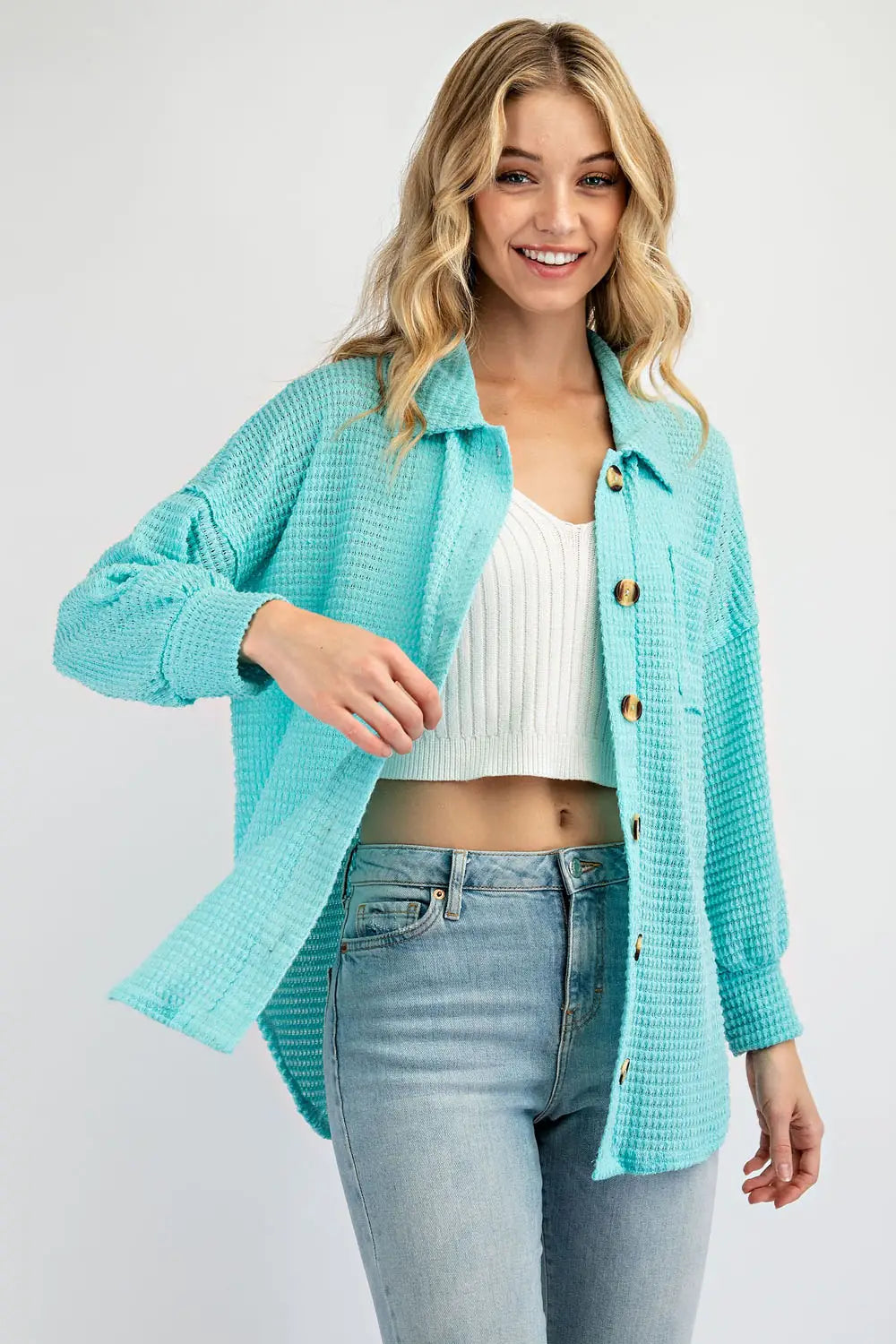 Waffle Placket Button Down Knit Top - Bright Blue Bronze Knit Blouse