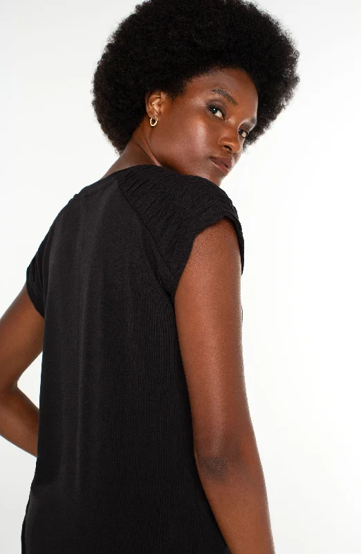 SMOCKED SHOULDER RAGLAN KNIT TOP Dark Color Knit Blouse