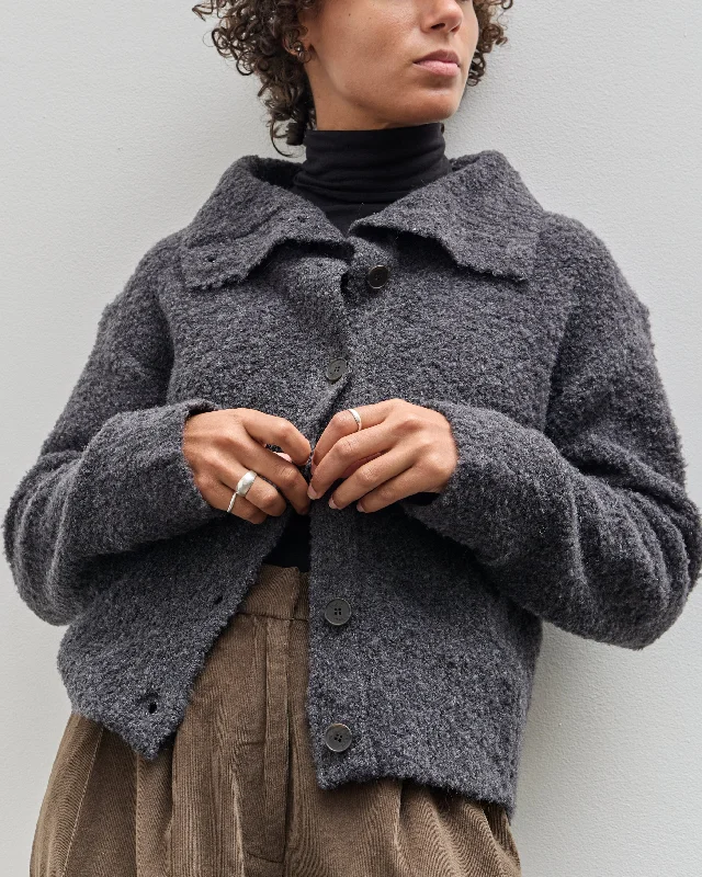 Mijeong Park Spread Collar Boucle Cardigan, Charcoal Front Pockets Side Pockets Patch Pockets Mijeong Park Spread Collar Boucle Cardigan, Charcoal Front Pockets Side Pockets Patch Pockets