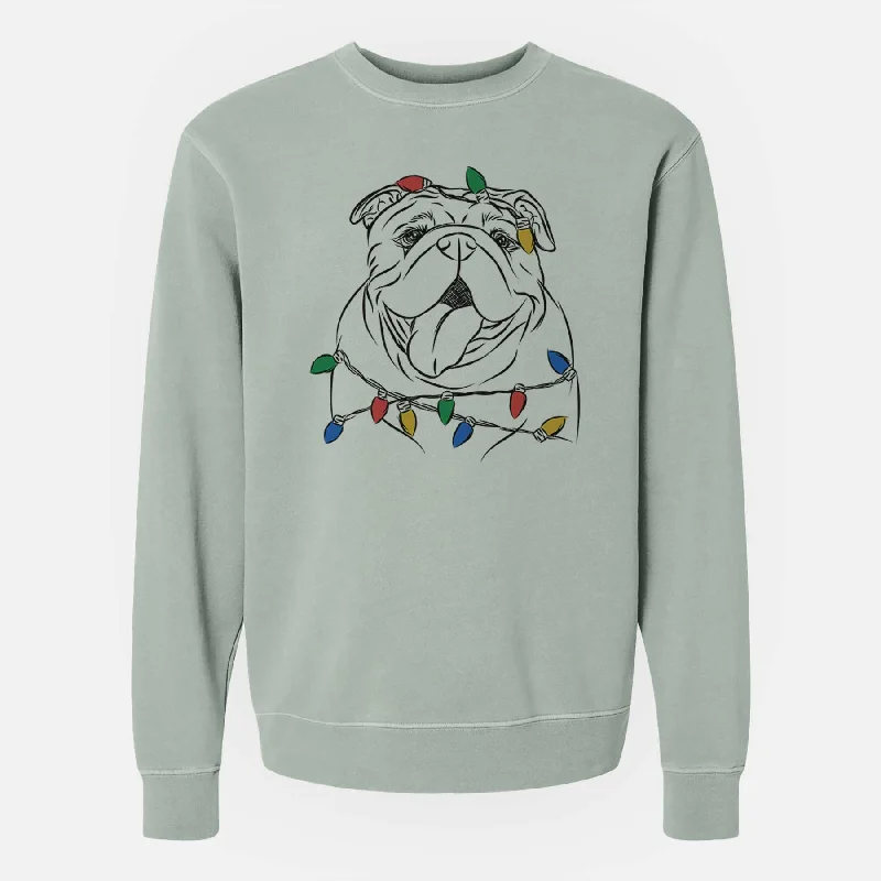 Christmas Lights Missy Moo the English Bulldog - Unisex Pigment Dyed Crew Sweatshirt Hoodie with Raw Hem Edgy Unfinished