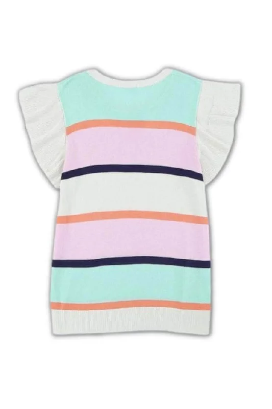 Striped Flutter Sleeve Knit Top Metallic Knit Tee