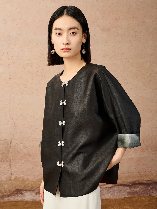 Neo-Chinese style gambiered canton silk jacket Front Pockets Side Pockets Patch Pockets