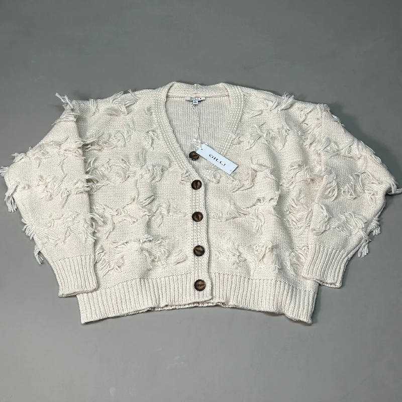 GILLI Fringed Button Up Cardigan Cream Size Medium (New) Toggled Drawstring Belted