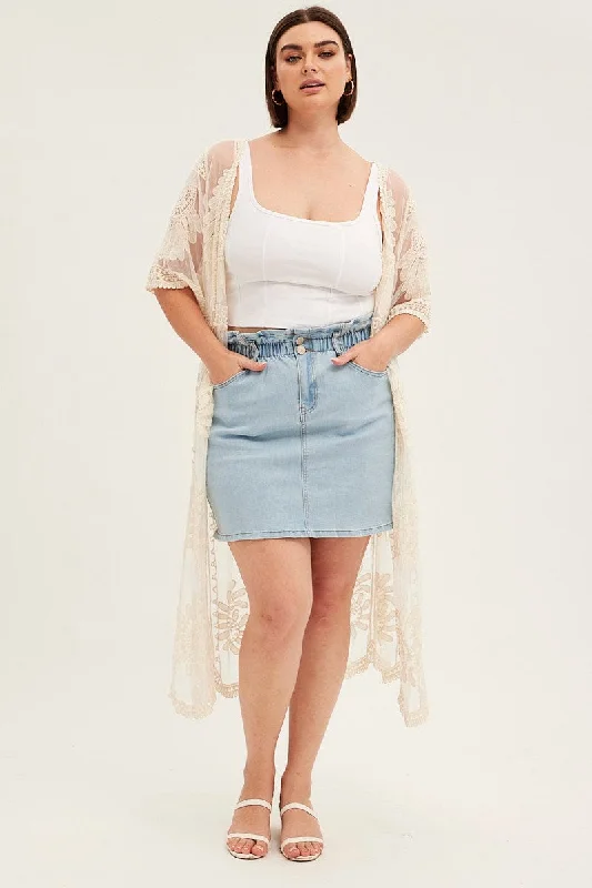 White Kimono Cardigan Scallop Hem Embroidery Mesh Hooded Caped Shawl Collar