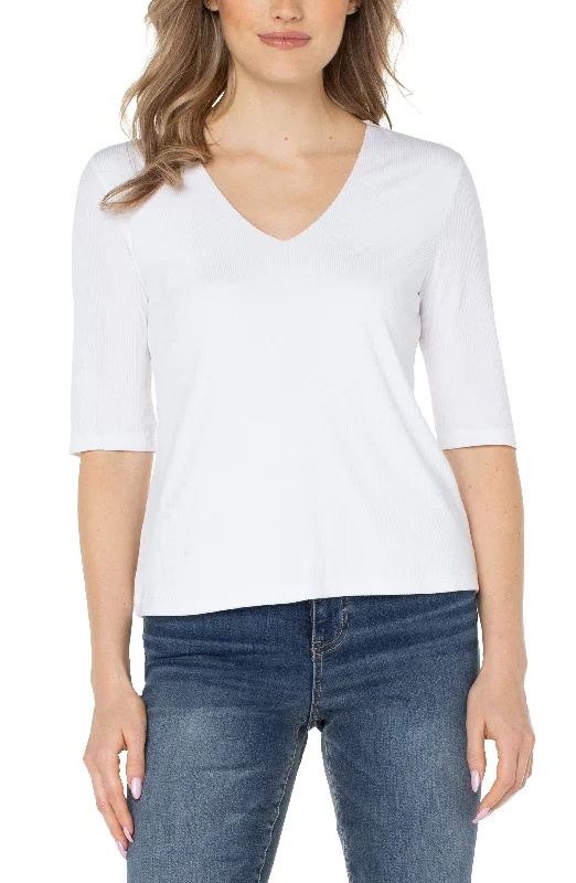 DOUBLE LAYER V-NECK RIB KNIT TOP Lightweight Knit Tee