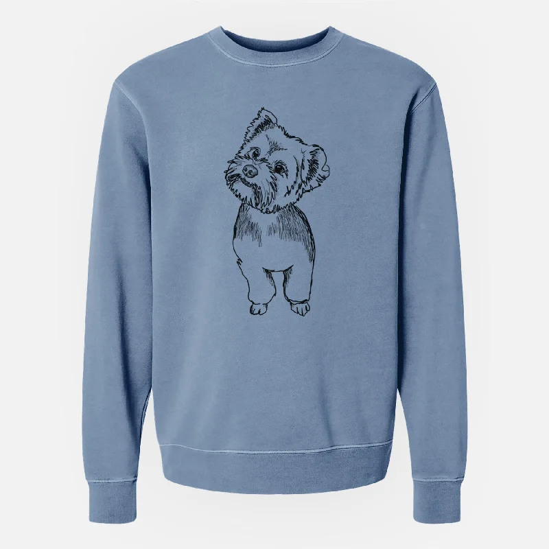 Doodled Margie Mae the Yorkshire Terrier - Unisex Pigment Dyed Crew Sweatshirt Hoodie with Hem Frayed Vintage Worn