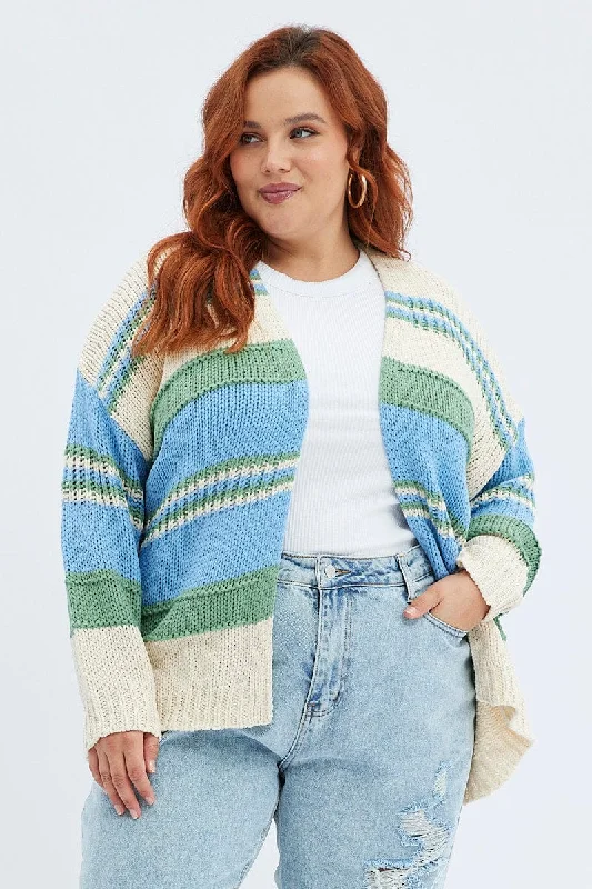 Blue Stripe Oversized Knit Cardigan Lace Blend Ribbed Blend Corduroy Blend