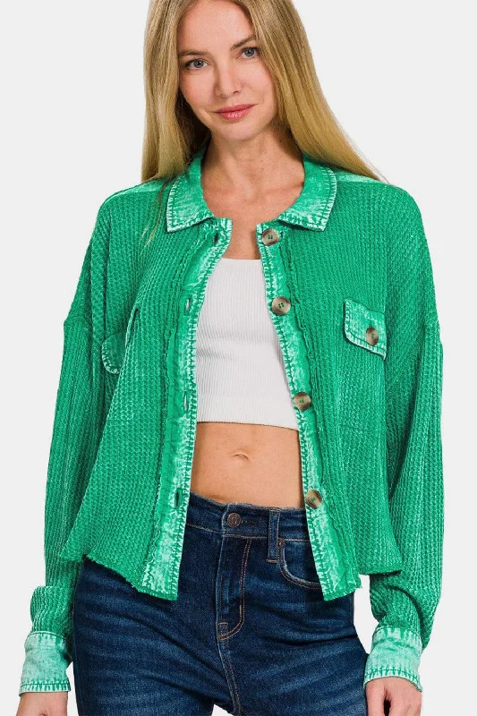 Zenana Waffle-Knit Button Up Dropped Shoulder Jacket Insulated Jacket Fitted Jacket Loose Jacket