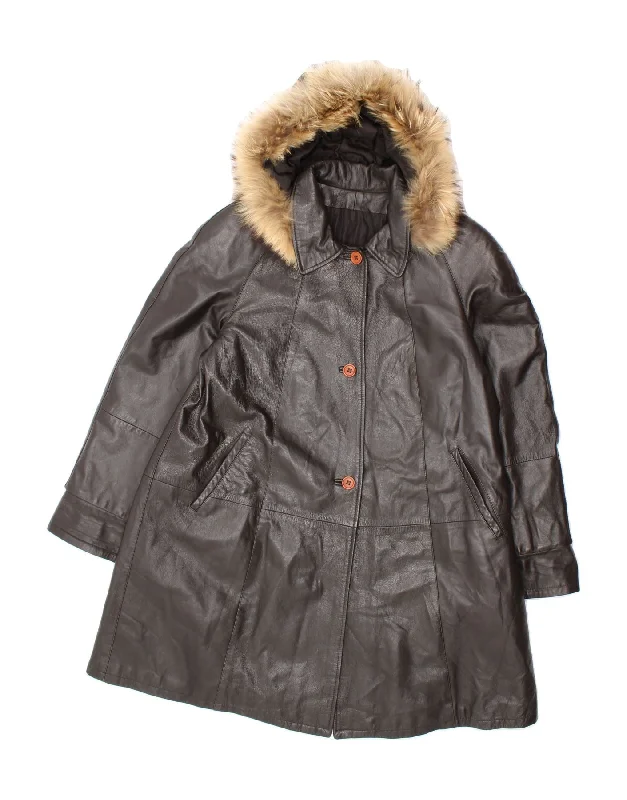 VINTAGE Womens Hooded Leather Coat IT 44 Medium Black Leather Boat Shawl Notched