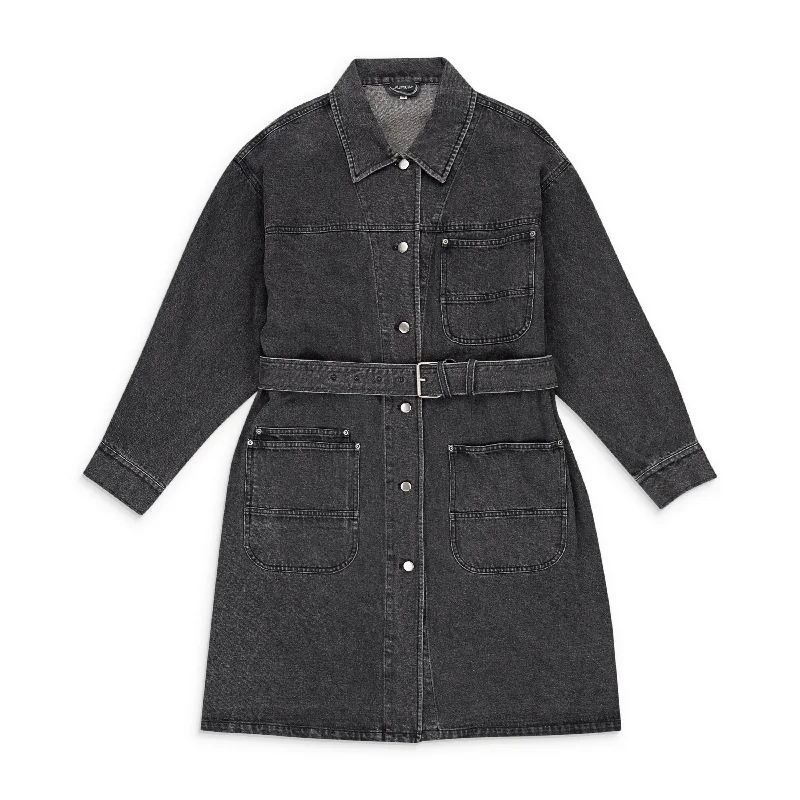 CALLIPYGIAN WASH DENIM BLACK TRENCH COAT Square Neck One-Shoulder Off-the-Shoulder