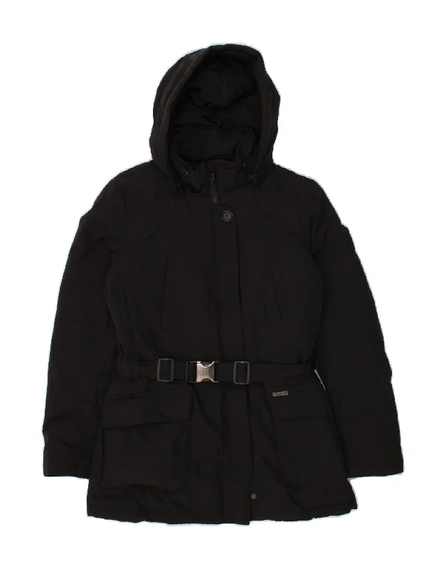 WOOLRICH Womens Hooded Padded Coat UK 10 Small Black Cotton Houndstooth Coat Plaid Coat Tartan Coat WOOLRICH Womens Hooded Padded Coat UK 10 Small Black Cotton Houndstooth Coat Plaid Coat Tartan Coat