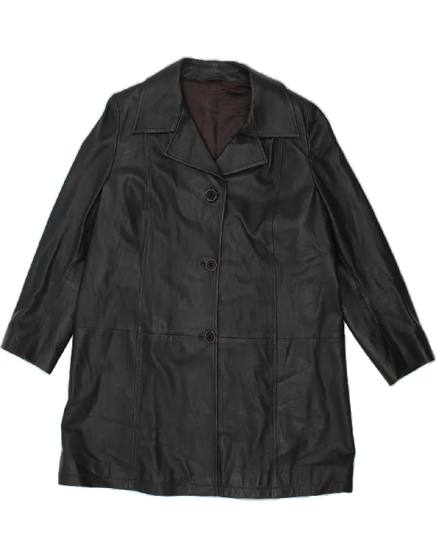 VINTAGE Womens Leather Coat UK 14 Medium Black Satin Silk Chiffon