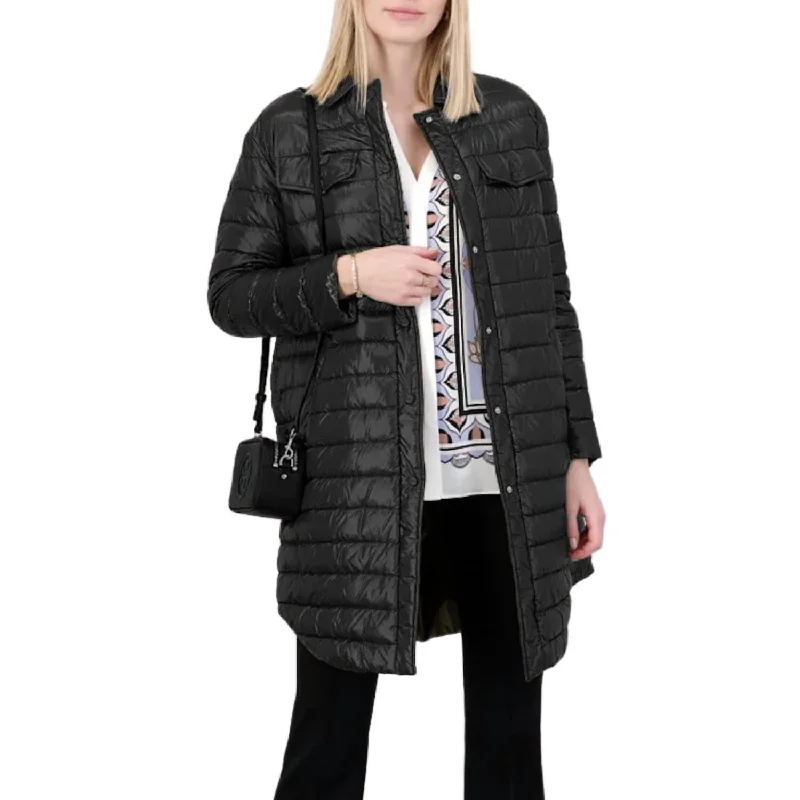 Lightweight Button Up Padded Coat In Black Pleated Ruffled tiered