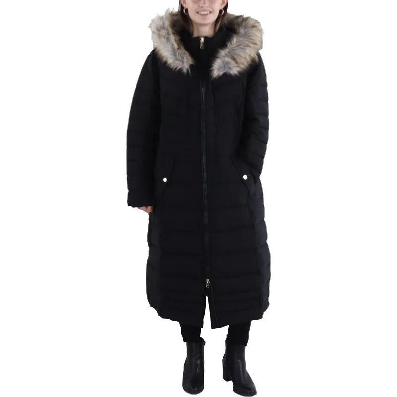 Plus Womens Faux Fur Trim Hooded Long Coat Welt Pockets Slit Pockets Flap Pockets