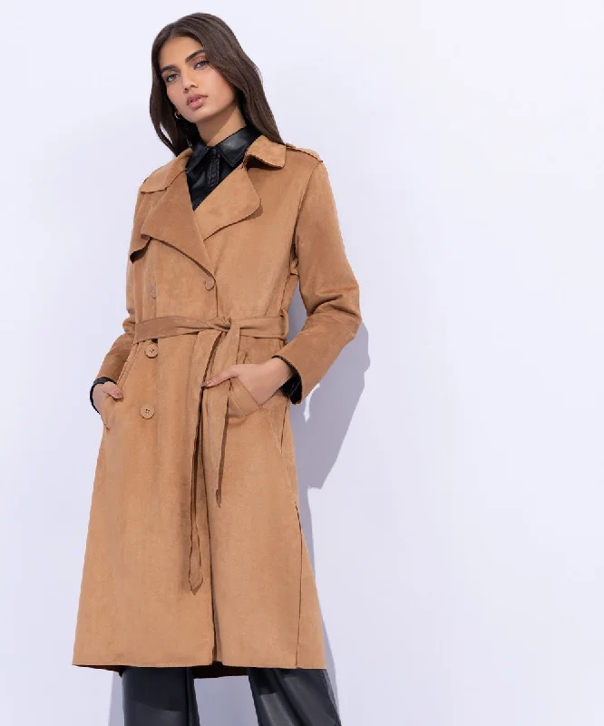 Suede Trench Coat with Belt Raincoat Turtleneck Coat Wrap Coat