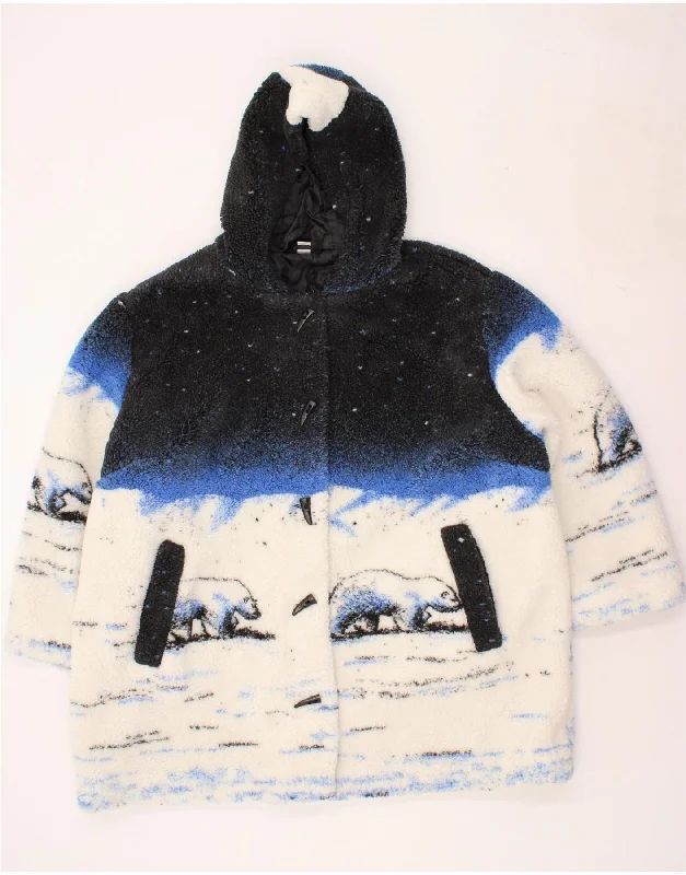 VINTAGE Womens Hooded Teddy Bear Duffle Coat US 26 4XL Navy Blue Shawl Collar Notch Collar Lapel Collar