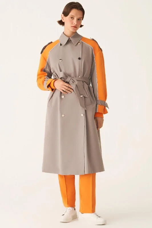 Gelder Cotton Blend Color Block Gray Trench Coat Welt Pockets Slit Pockets Flap Pockets