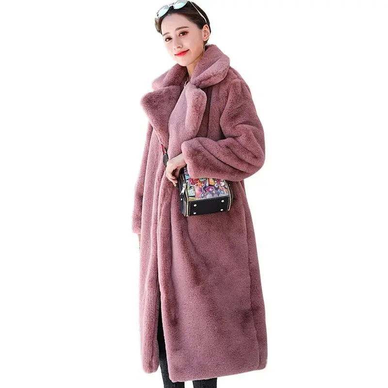 Winter imitation velvet fur long coat for women Wool Cashmere Tweed