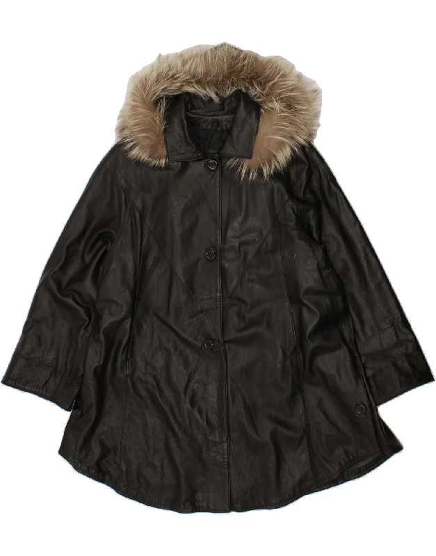 MAX Womens Hooded Leather Coat IT 48 XL Black Leather Striped Polka Dot Floral